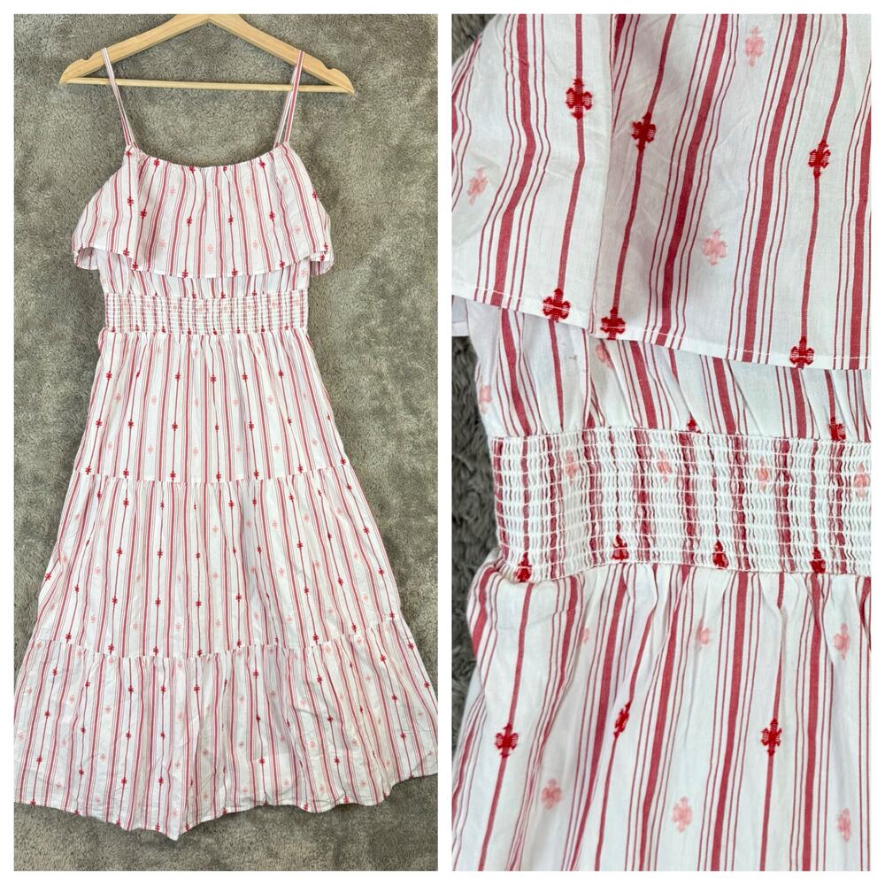 NWT LOFT Striped Ruffle Strappy Tiered Smocked Midi Dress White Red Pink XS - Picture 5 of 15